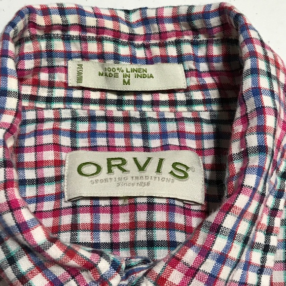 Orvis Shirt 100% Linen Mens Medium Short Sleeve Plaid Check - Picture 2 of 11
